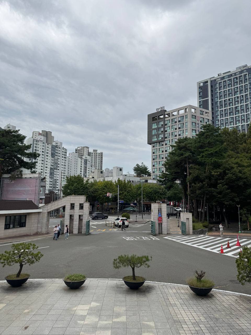 캠퍼스 안쪽 계단에서 내려다본 서강대 정문, 화강암 문기둥과 경비실, 앞마당에 늘어선 소나무 화분, 문 너머로 아파트 단지가 보인다
