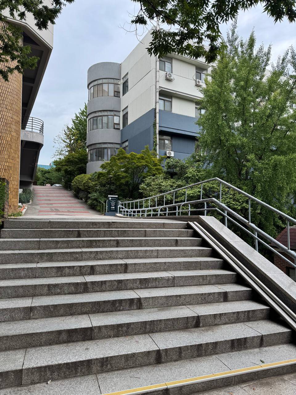 계단 위쪽에서 본 캠퍼스 안쪽, 원통형 유리창이 있는 회색 건물과 초록빛 나무들, 왼쪽으로 붉은 횡단보도가 있는 오르막길