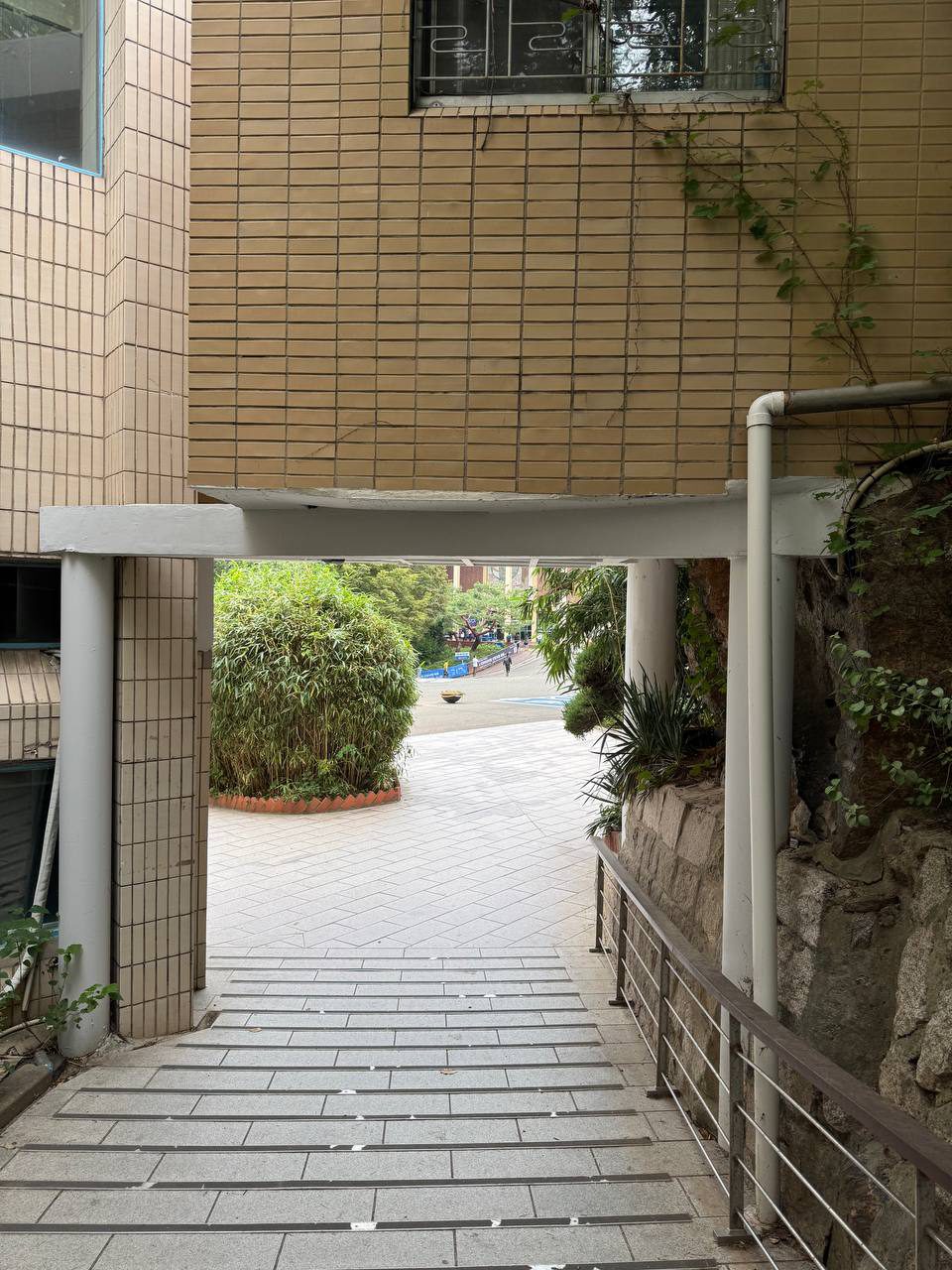 건물 아래 통로에서 내려다본 돌계단과 오른쪽 금속 난간, 길 건너 무성한 대나무